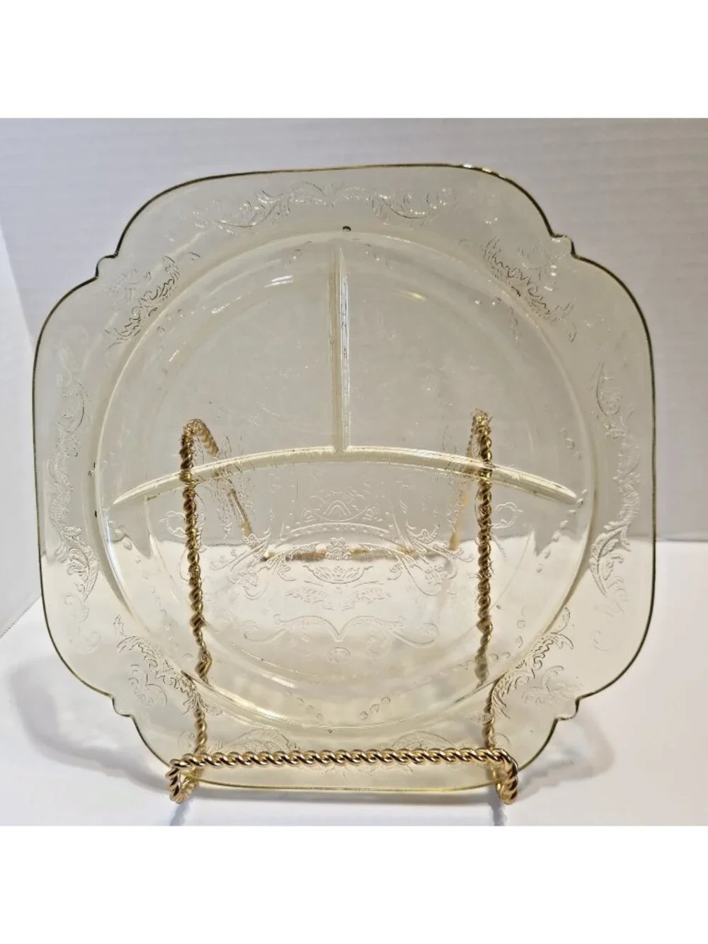 Federal Madrid Etched Divided 3 Section Depression Glass Plate Floral Scrolled